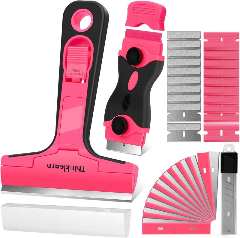 ThinkLearn Razor Blade Scraper Tool, 2Pcs Pink Razor Scraper with 40Pcs Replacement Blades, Glass Scraper for Removing Decals, Tint, Stickers, Labels, Caulk, Adhesive from Window, Oven, Stove Top - Image 1